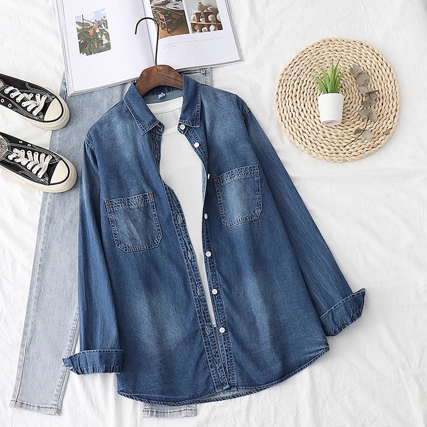 Women's Vintage Denim Shirt Turn Down Collar Long Sleeve Oversized Blouse with Pockets for Office Lady Commuter Retro Outfits - The Eggy's store