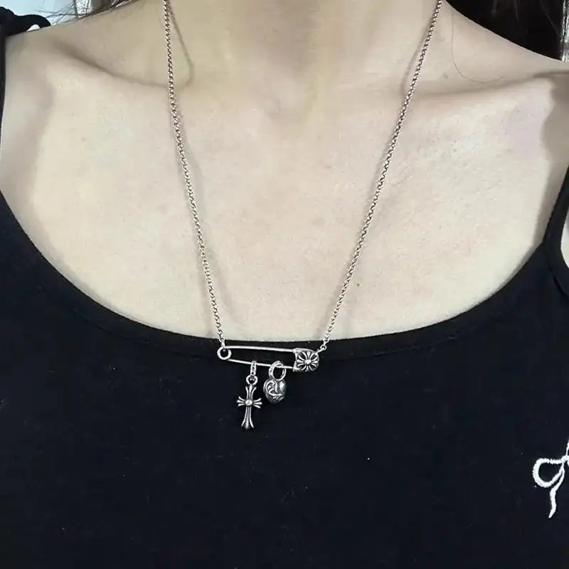 S925 Sterling Silver Peach Heart Cross Pin Necklace