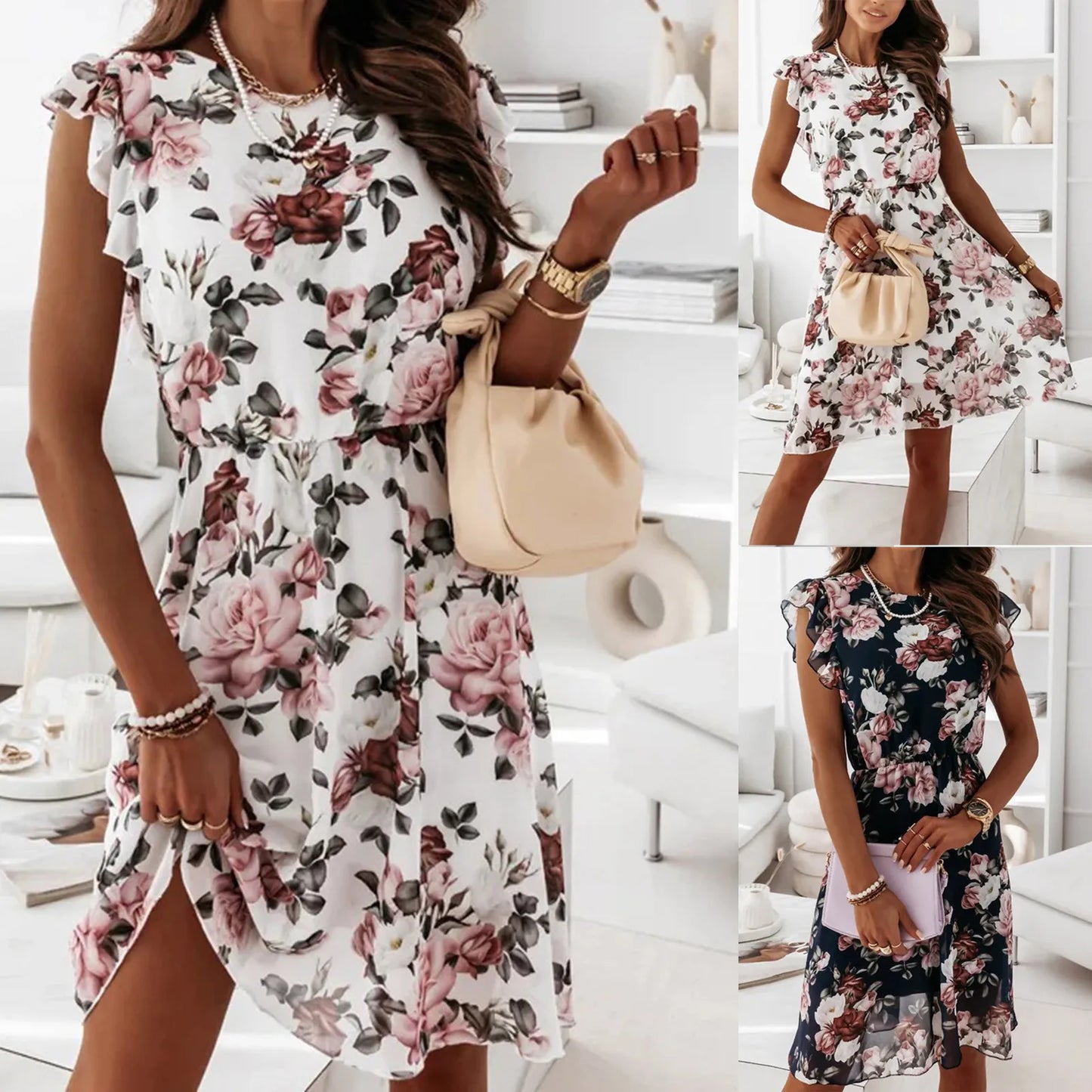 Lace-Up Mini Dress - Chiffon Print Short-Sleeved Ruffled Women's Dress - The Eggy's store