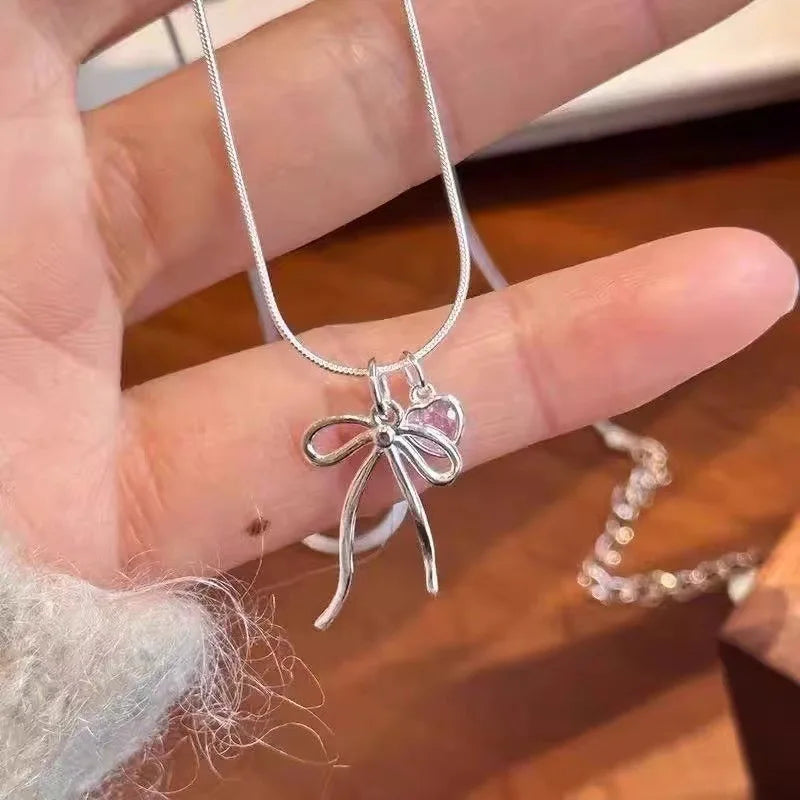 Trendy Harajuku Bowknot Heart Necklace - Vintage Snake Chain for Women Jewelry Gift - The Eggy's store