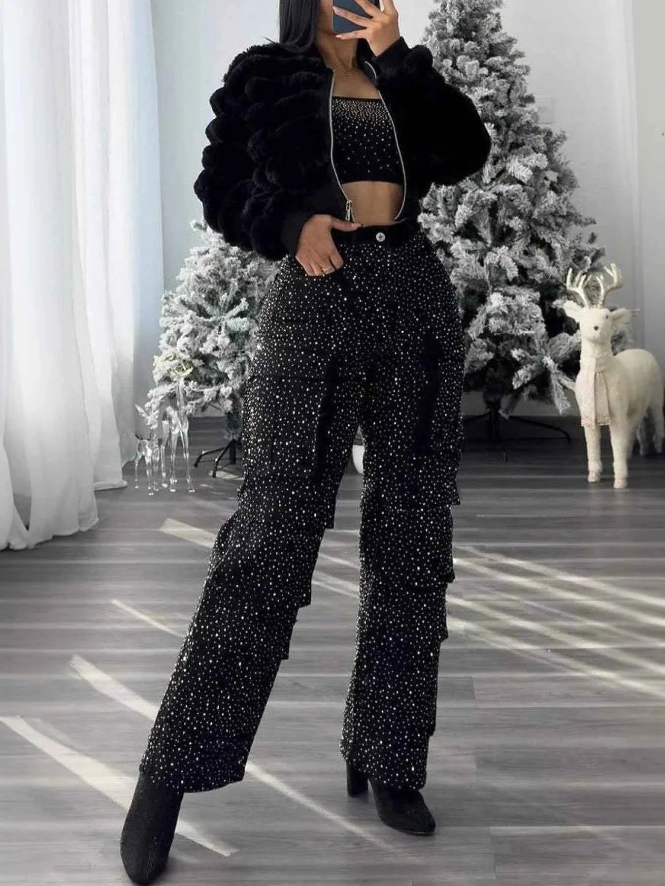 High Waist Black Rhinestone Multi-Pocket Work Jeans, Fashionable Straight Jeans