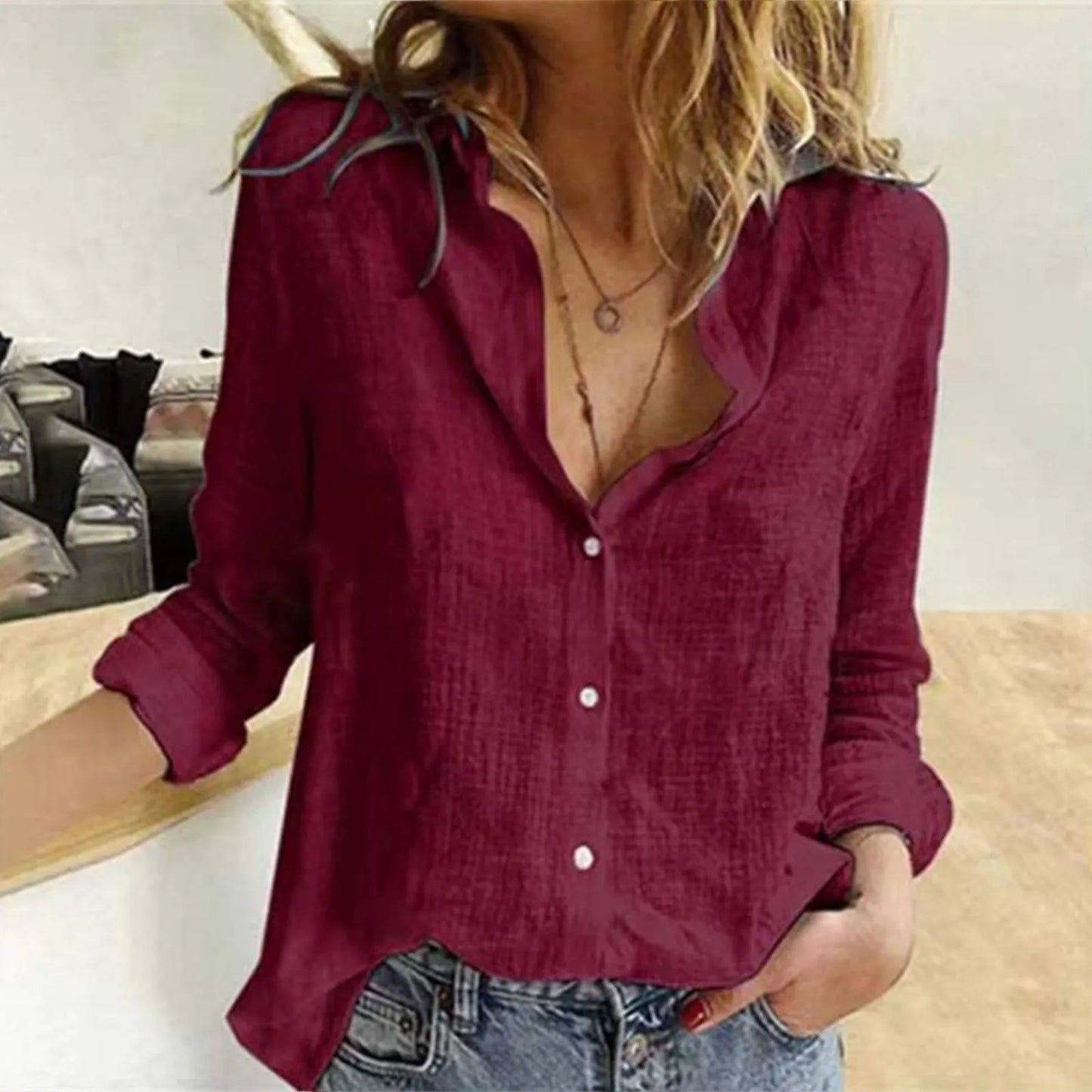 Oversized Linen Cotton Blouse Women's Blouse S-3XL Loose Summer Shirt Turn Down Collar Long Sleeve Solid Color Button Top - The Eggy's store