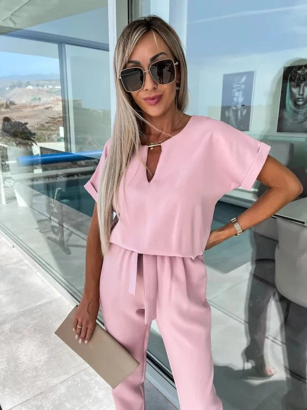 Women's Summer Jumpsuit Solid Color Short Sleeve V-neck Pocket Lace-up Pencil Long Pants - The Eggy's store