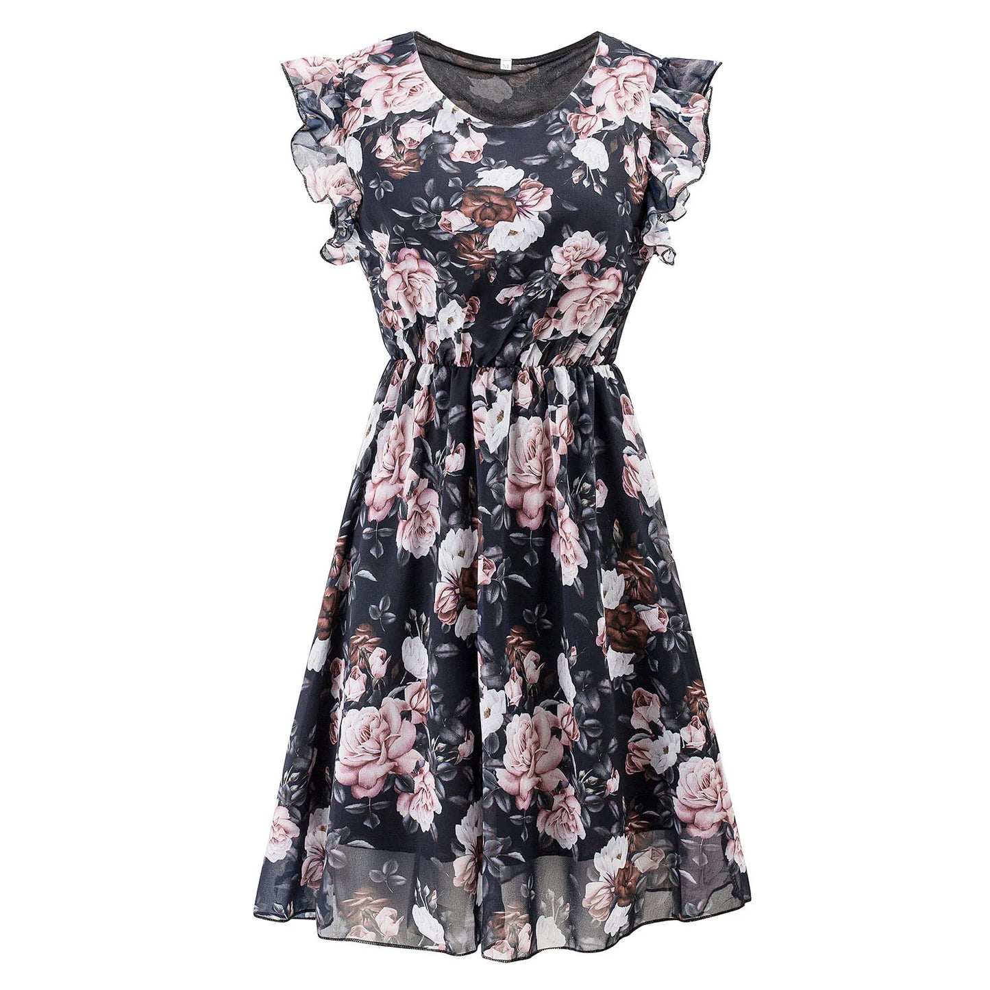 Lace-Up Mini Dress - Chiffon Print Short-Sleeved Ruffled Women's Dress - The Eggy's store