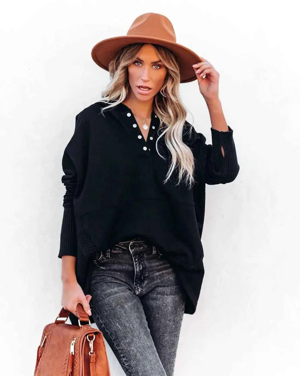 Casual Loose White Women Sweatshirt V-neck Hooded Batwing Sleeve Hoodie Top For Women Pullovers