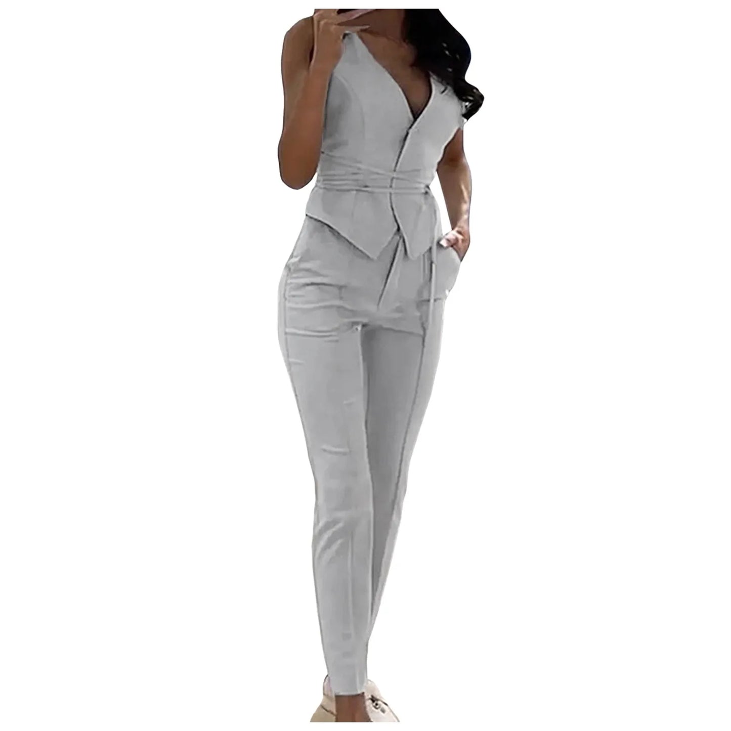 Elegant Pantsuit Set 2 Piece Solid V-Collar Top and Trousers for Women's Fashion Streetwear Summer Outfit - The Eggy's store