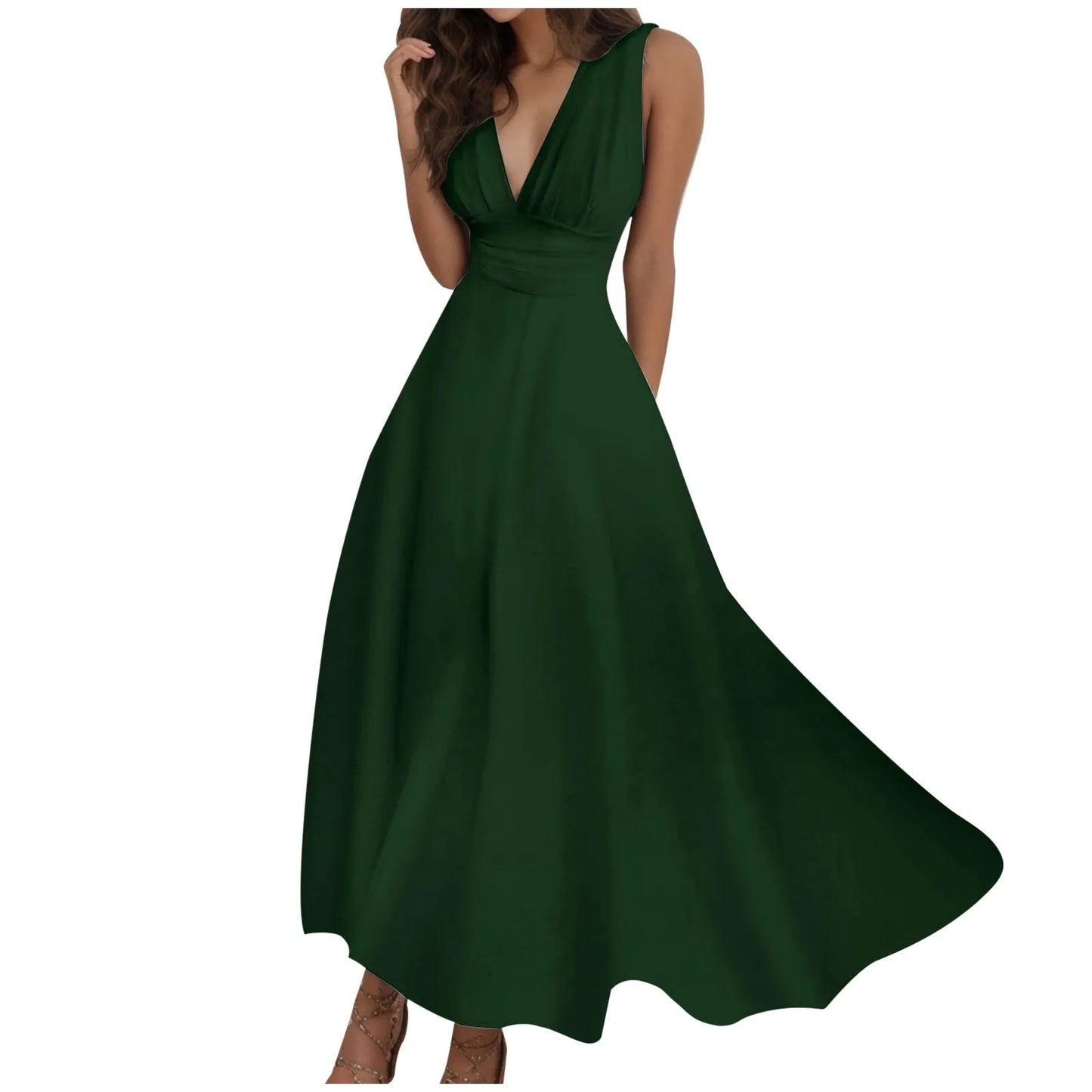 Women's Casual Sundress Solid Color Sleeveless V Neck Side Zipper Long Dress Elegant Sundress - The Eggy's store