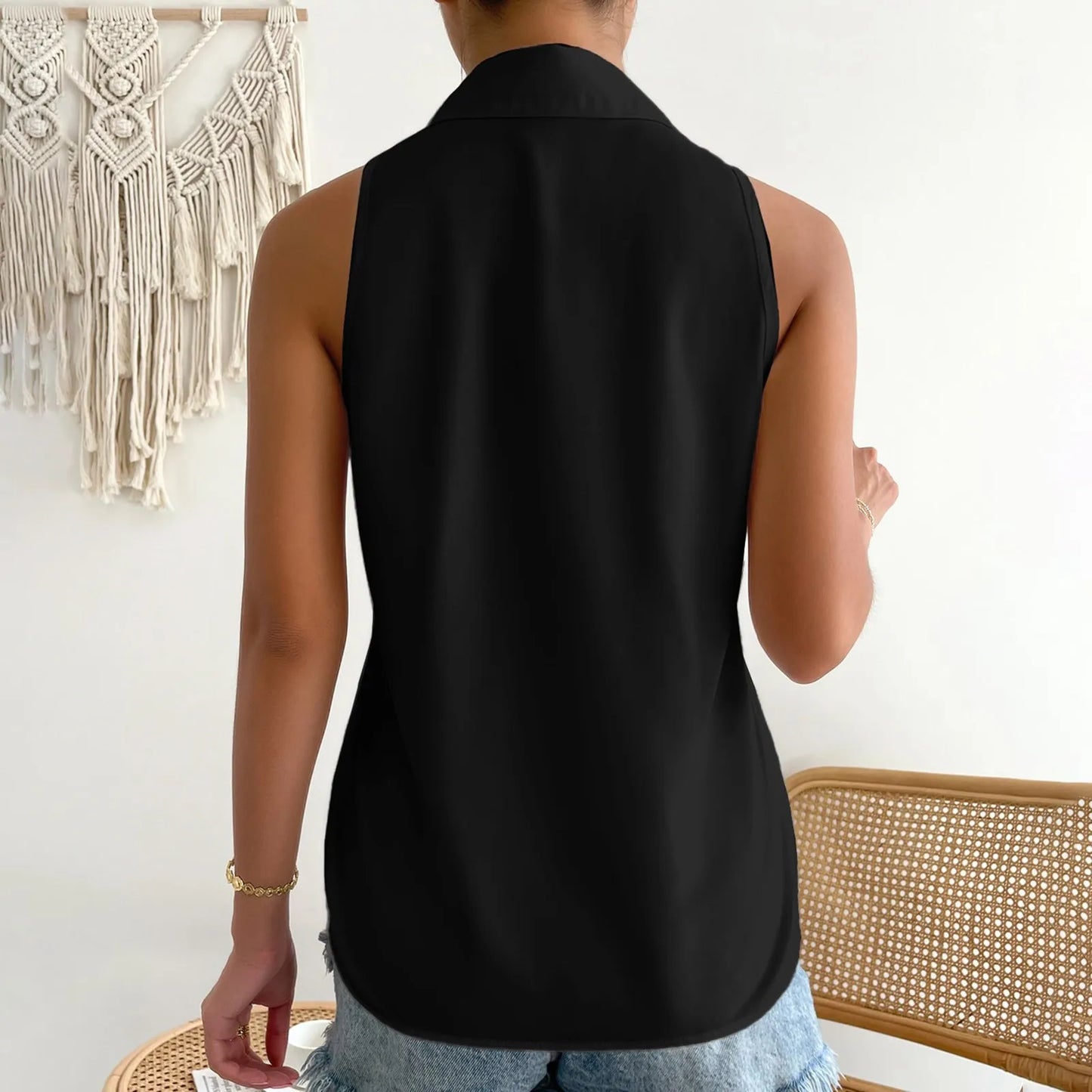 Women's Sleeveless Blouse Button Down Solid Color Casual Loose V Neck Chiffon Top for Work - The Eggy's store