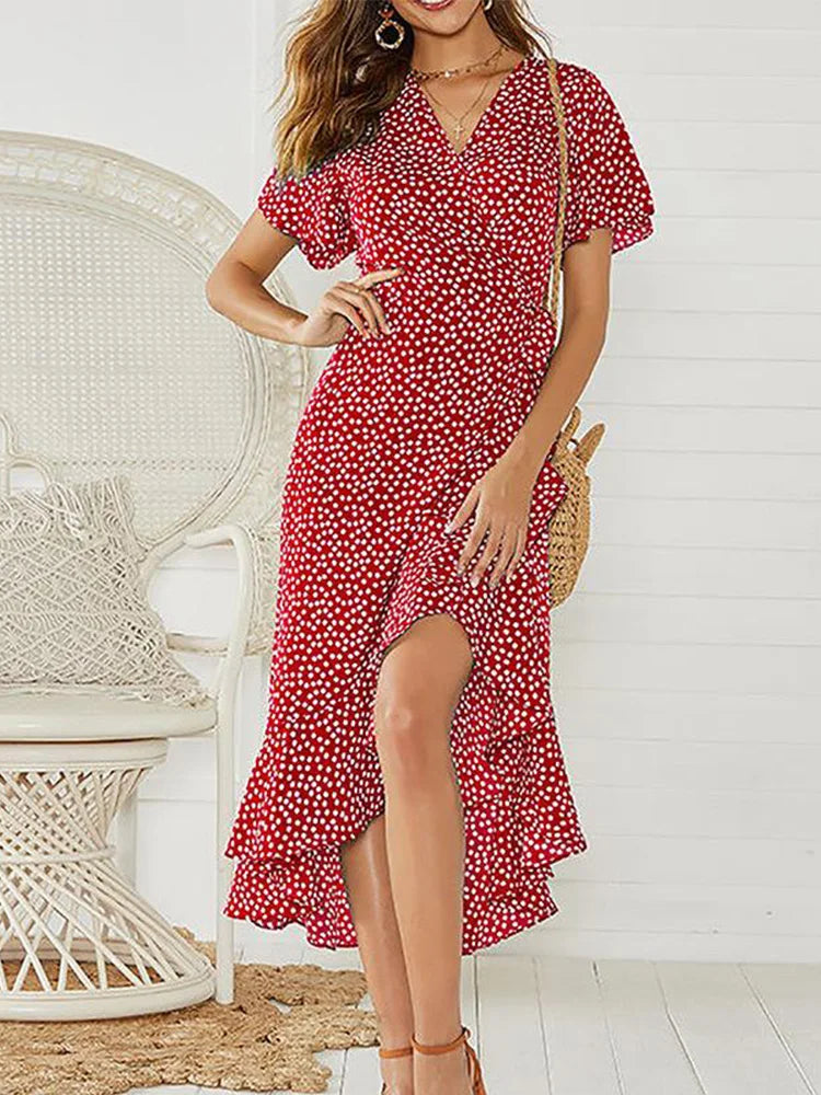 Summer Beach Maxi Dress Women Floral Print Boho Long Chiffon Ruffles Wrap Casual V-Neck Split Sexy Party Robe Femme - The Eggy's store