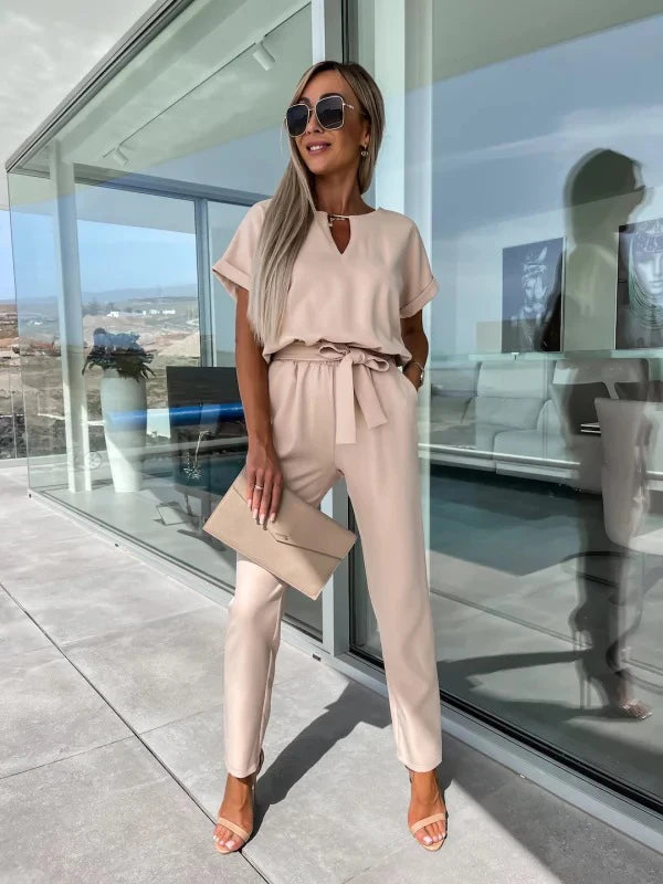 Women's Summer Jumpsuit Solid Color Short Sleeve V-neck Pocket Lace-up Pencil Long Pants - The Eggy's store