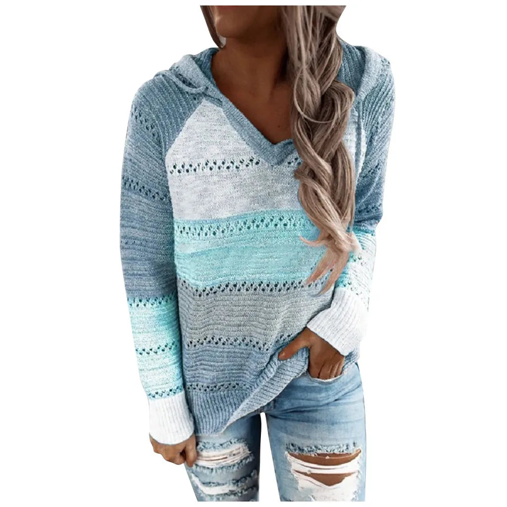 Plus Size 5XL Autumn Winter Women's Pullover Fashion Patchwork Long Sleeve Knit Sweater Tops Women Crochet Hollow Hooded Sweater - The Eggy's store