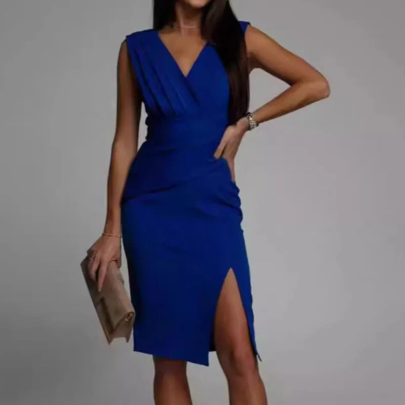 Women Mini Dress Summer Fashion Elegant Sleeveless V Neck High Waist Bodycon Casual Office Party Side Split - The Eggy's store