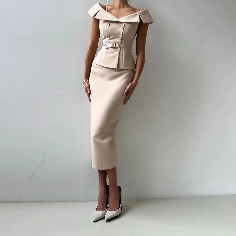 Elegant Midi Skirt Suit Women Double-Breasted Slim Top Belt Hip Package Skirt 2 Piece Outfits - The Eggy's store