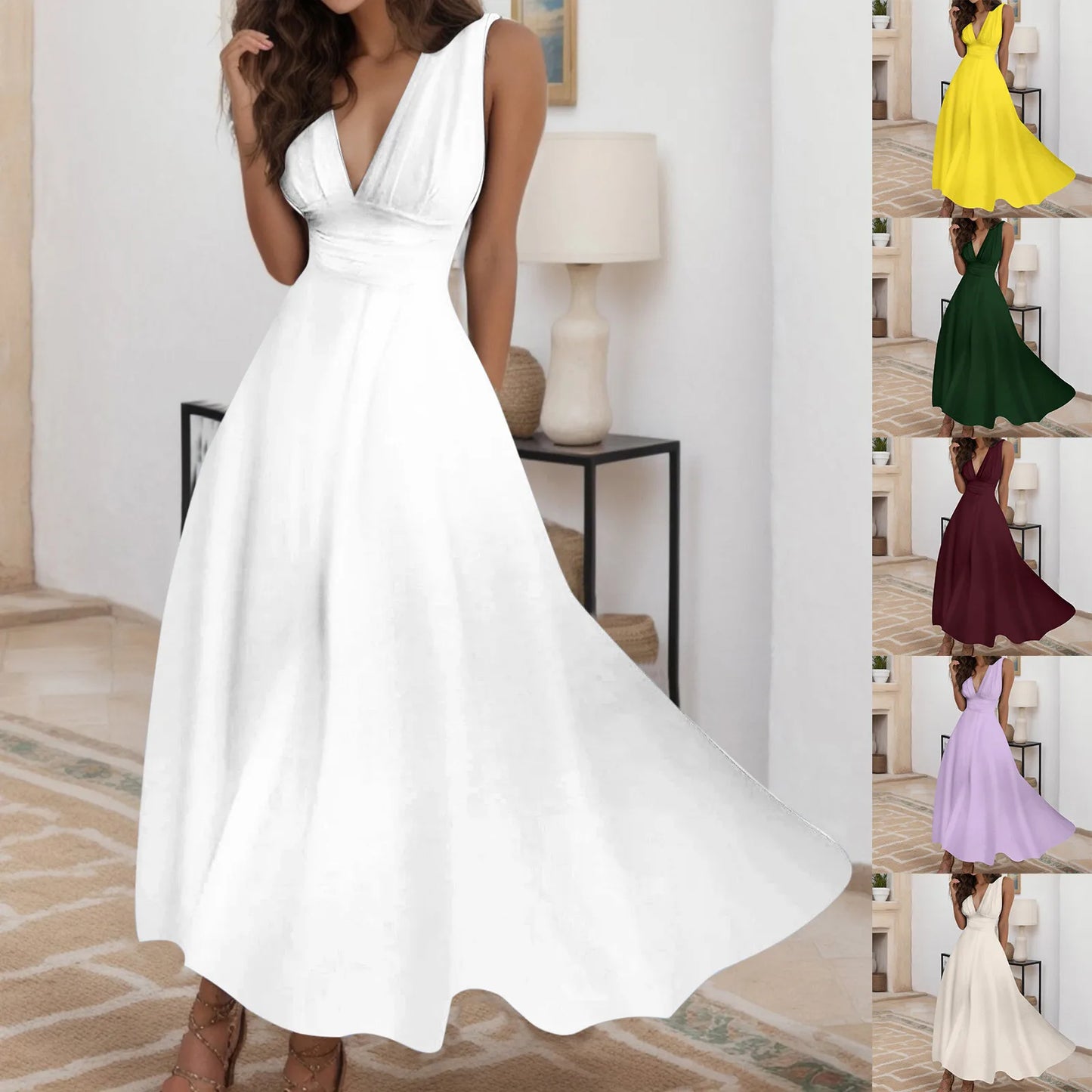 Women's Casual Sundress Solid Color Sleeveless V Neck Side Zipper Long Dress Elegant Sundress - The Eggy's store