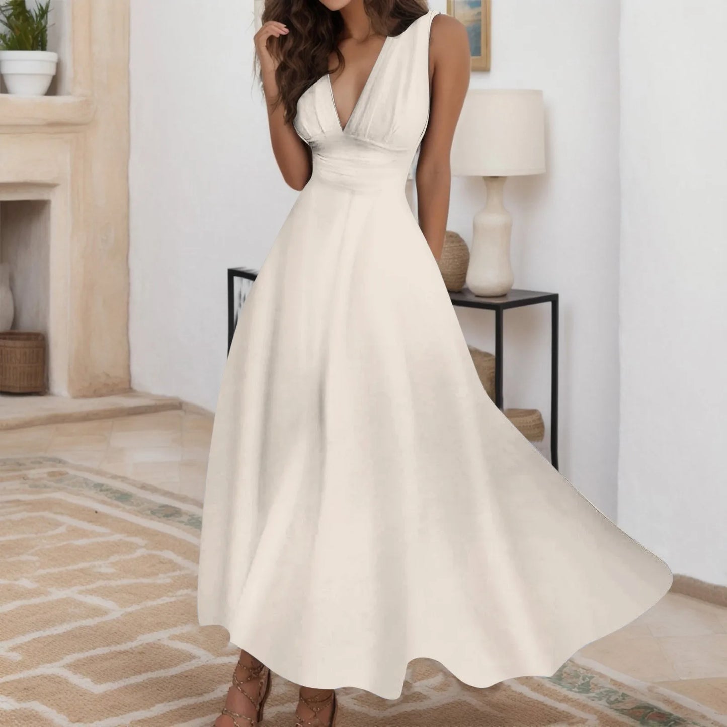 Women's Casual Sundress Solid Color Sleeveless V Neck Side Zipper Long Dress Elegant Sundress - The Eggy's store