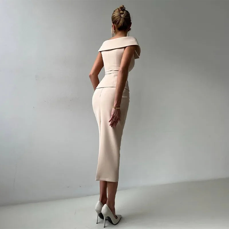 Elegant Midi Skirt Suit Women Double-Breasted Slim Top Belt Hip Package Skirt 2 Piece Outfits - The Eggy's store