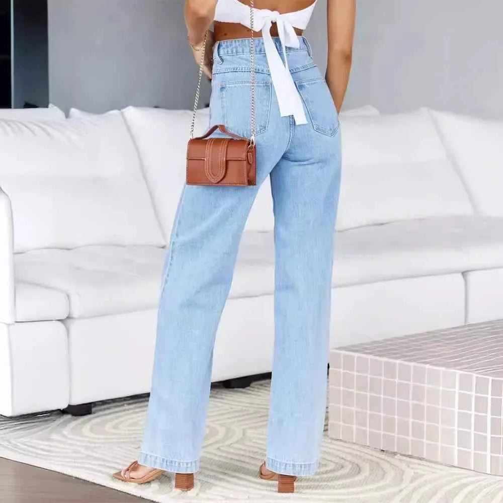 Women Jeans Straight Pants Denim Washing High Waist Loose Fit Pockets Button Basics Wide Leg Trousers Solid Color 2024 Casual