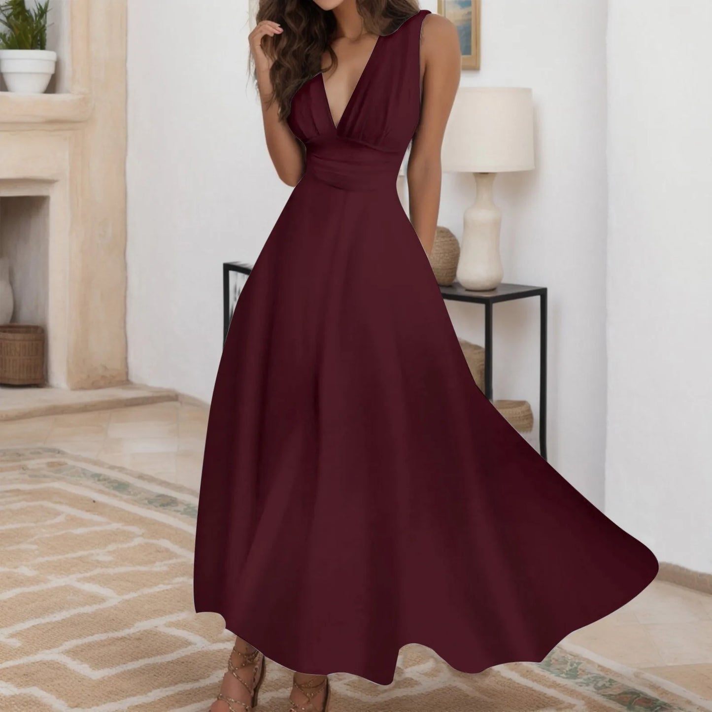 Women's Casual Sundress Solid Color Sleeveless V Neck Side Zipper Long Dress Elegant Sundress - The Eggy's store