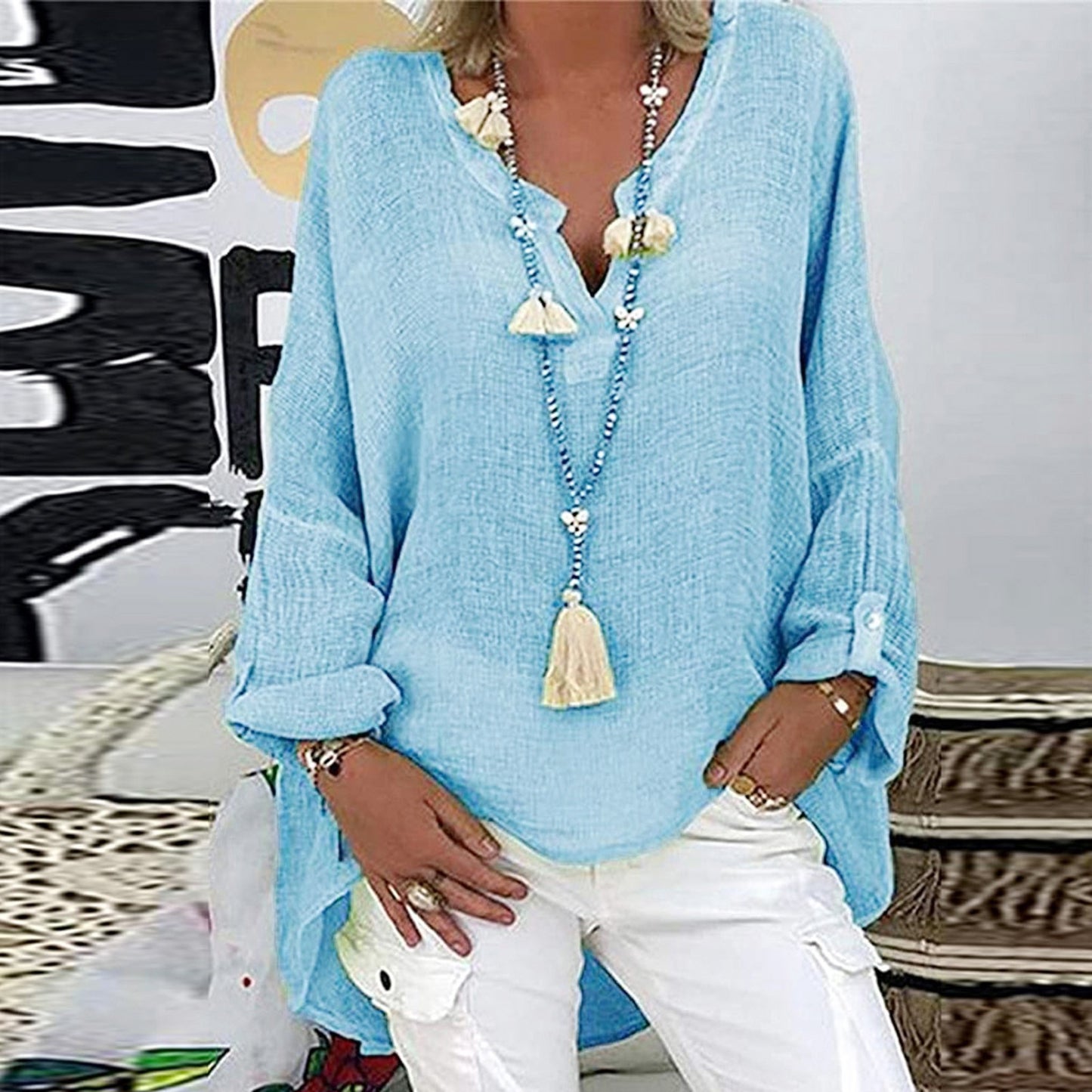 Plus Size Women's Top Summer V Neck Solid Casual Short Sleeve Blouse - The Eggy's store