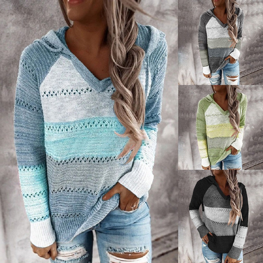 Plus Size 5XL Autumn Winter Women's Pullover Fashion Patchwork Long Sleeve Knit Sweater Tops Women Crochet Hollow Hooded Sweater - The Eggy's store