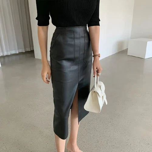 Slim Straight Faux Leather Skirt Women Chic Split Design Fashion - The Eggy's store