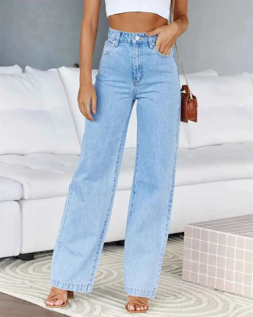 Women Jeans Straight Pants Denim Washing High Waist Loose Fit Pockets Button Basics Wide Leg Trousers Solid Color 2024 Casual