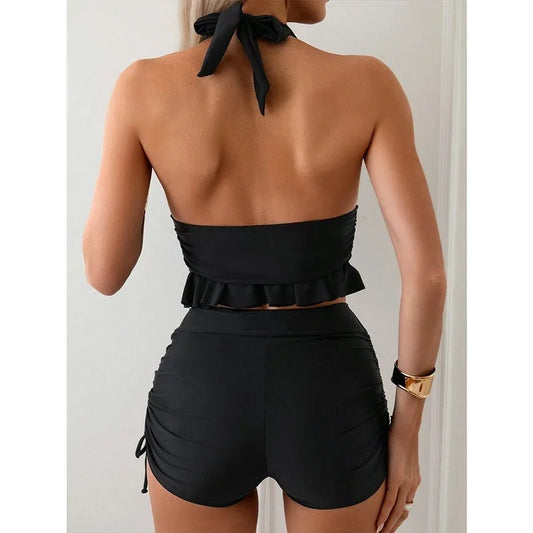 Ruffle Backless Swimsuit Set - Two-Piece with Shorts