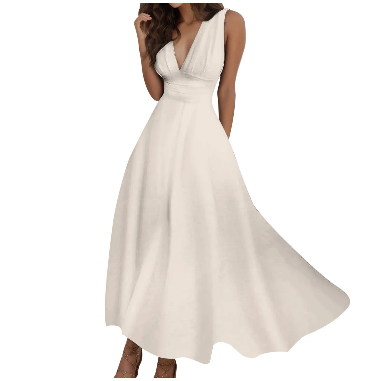 Women's Casual Sundress Solid Color Sleeveless V Neck Side Zipper Long Dress Elegant Sundress - The Eggy's store