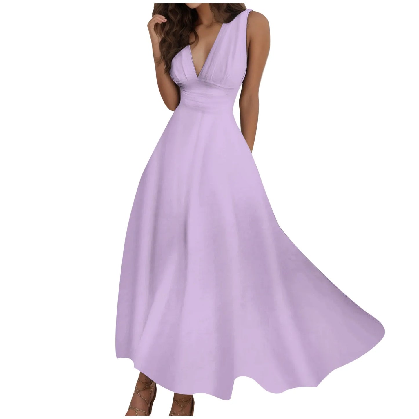 Women's Casual Sundress Solid Color Sleeveless V Neck Side Zipper Long Dress Elegant Sundress - The Eggy's store