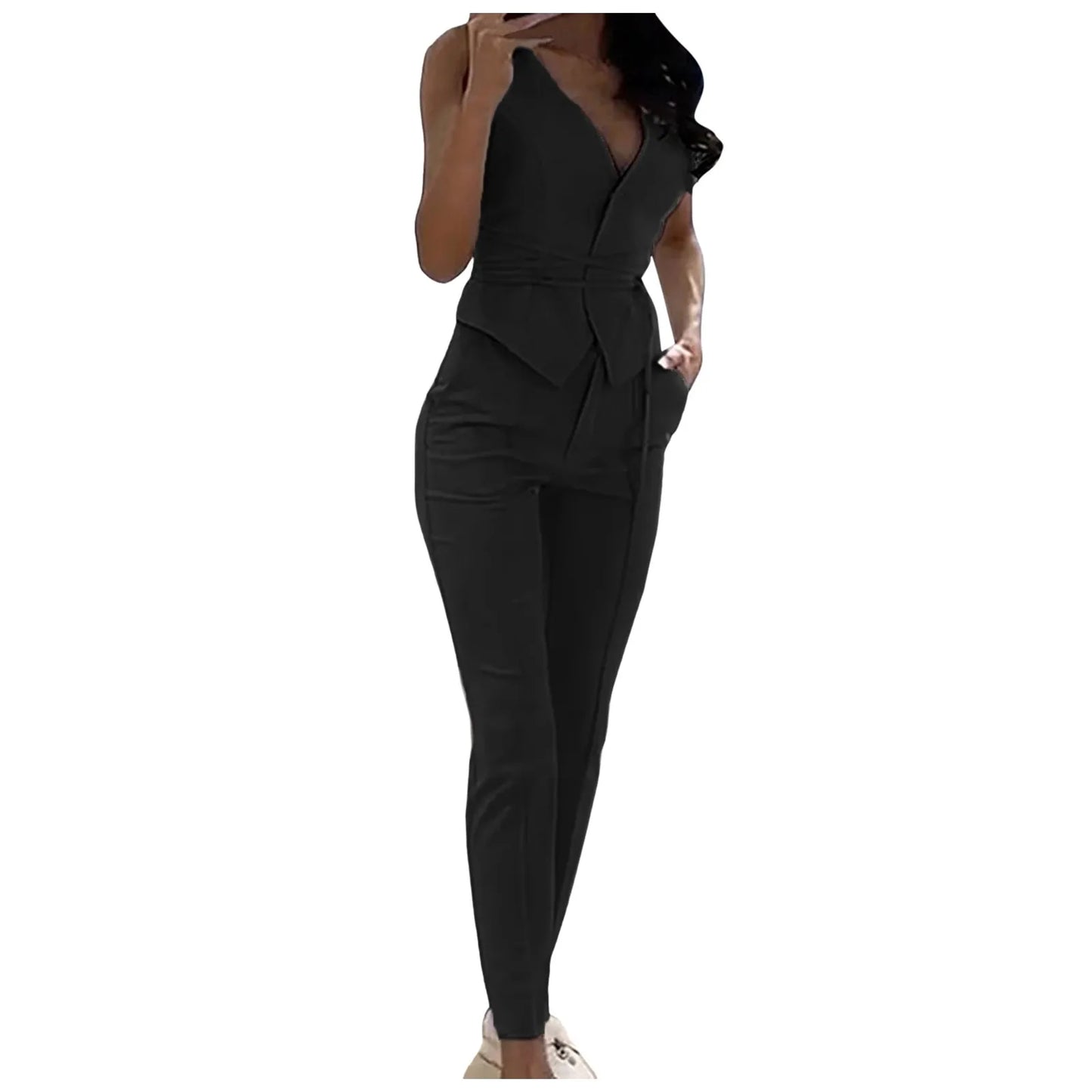Elegant Pantsuit Set 2 Piece Solid V-Collar Top and Trousers for Women's Fashion Streetwear Summer Outfit - The Eggy's store