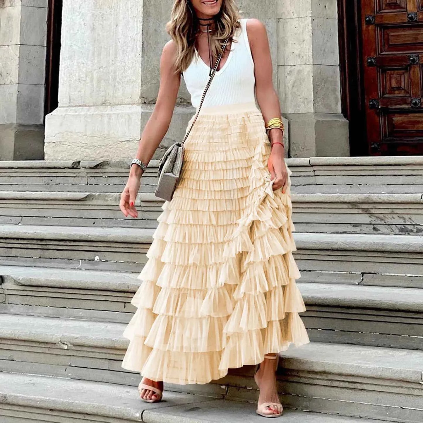 Summer Long Skirt Layered Ruffles Design Elegant Maxi Skirt Women High Street Office Lady Skirts Evening Part A-Line Skirts