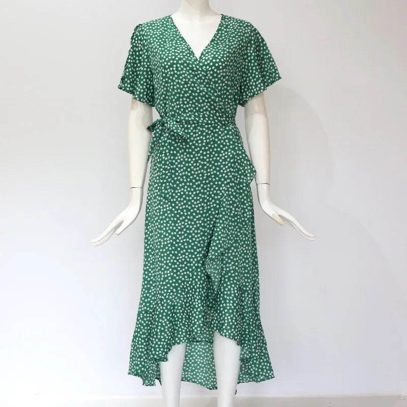 Summer Beach Maxi Dress Women Floral Print Boho Long Chiffon Ruffles Wrap Casual V-Neck Split Sexy Party Robe Femme - The Eggy's store