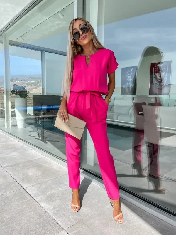 Women's Summer Jumpsuit Solid Color Short Sleeve V-neck Pocket Lace-up Pencil Long Pants - The Eggy's store