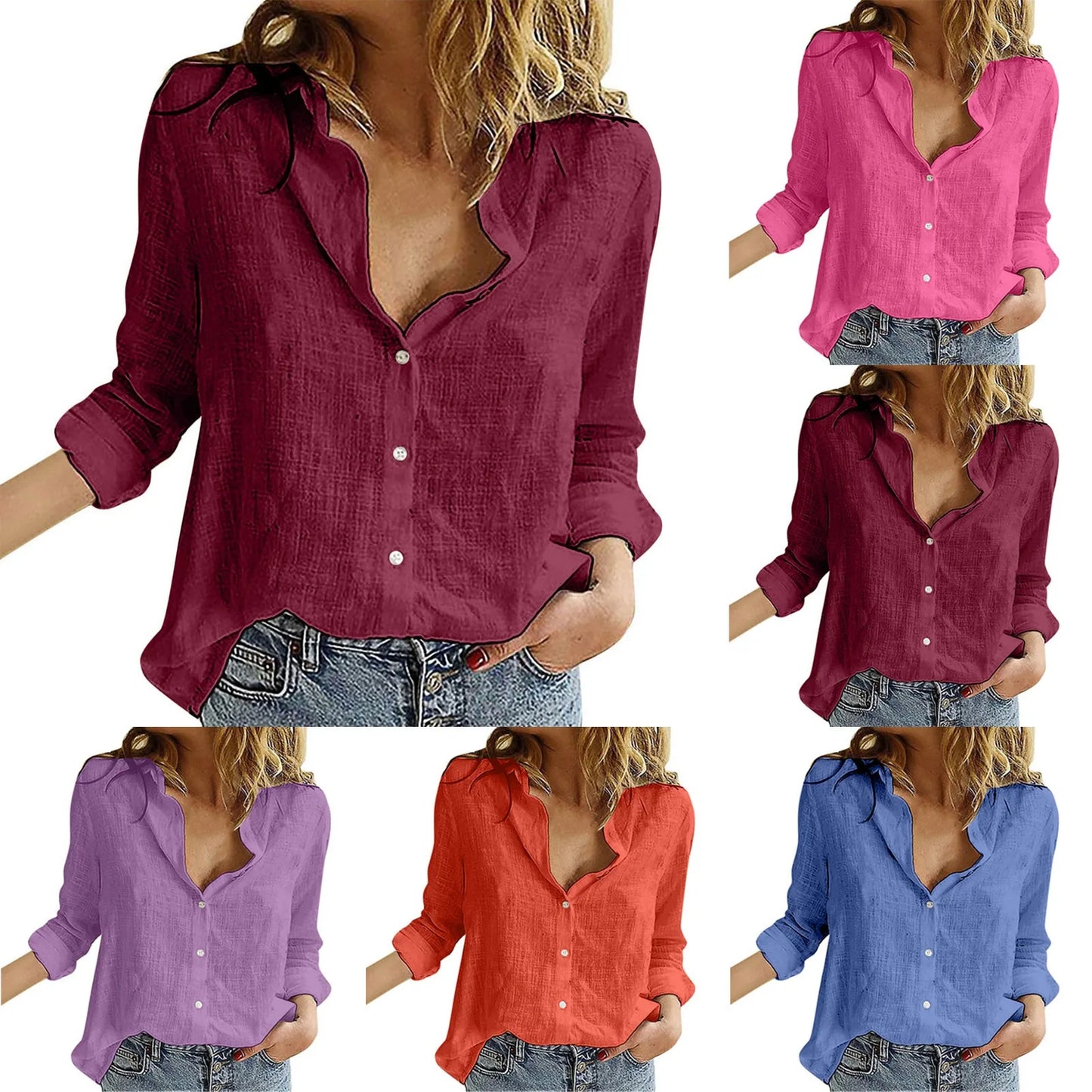 Oversized Linen Cotton Blouse Women's Blouse S-3XL Loose Summer Shirt Turn Down Collar Long Sleeve Solid Color Button Top - The Eggy's store