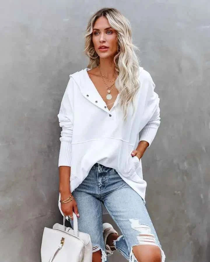 Casual Loose White Women Sweatshirt V-neck Hooded Batwing Sleeve Hoodie Top For Women Pullovers