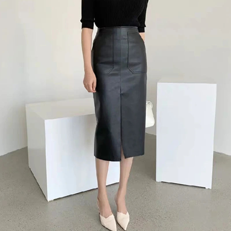 Slim Straight Faux Leather Skirt Women Chic Split Design Fashion - The Eggy's store