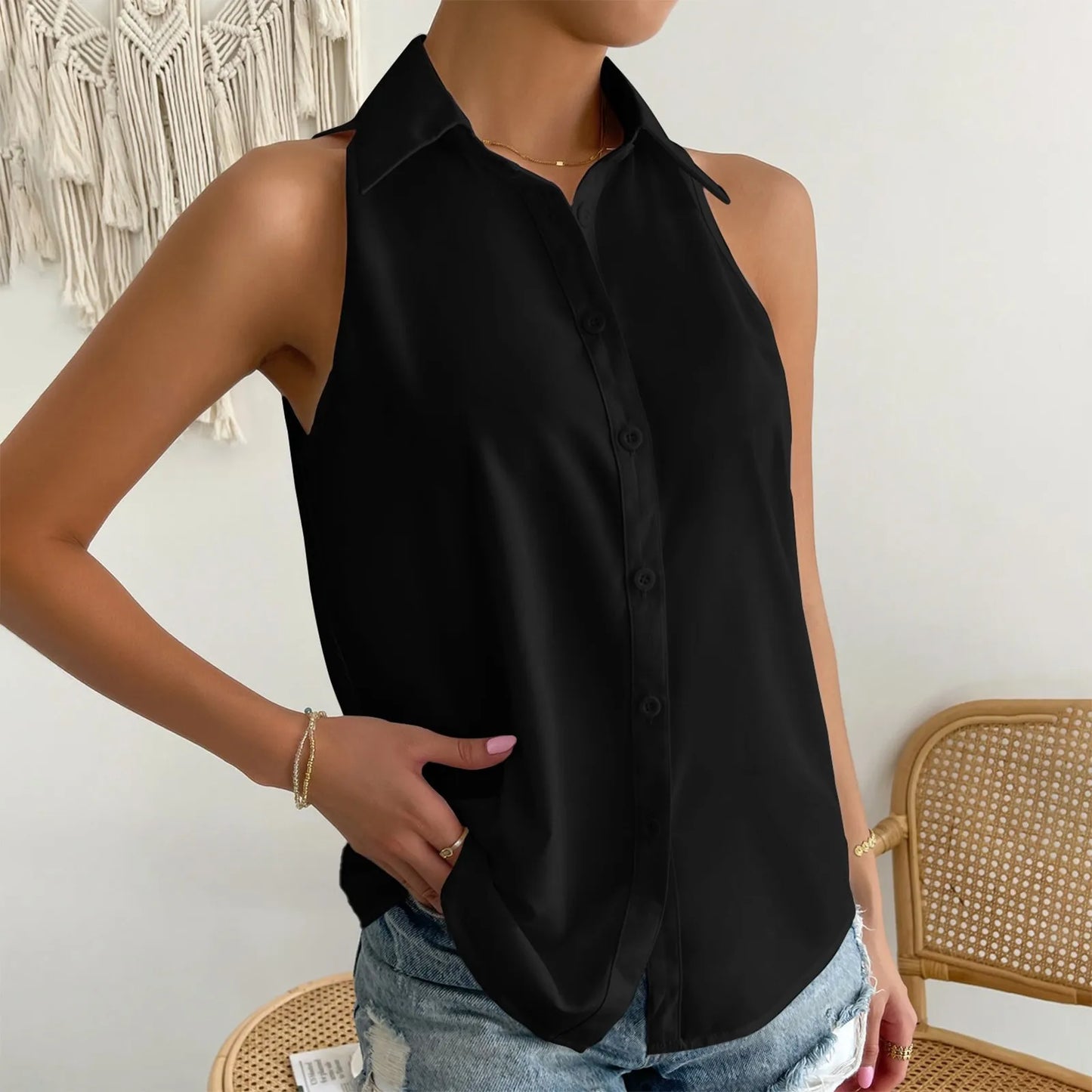 Women's Sleeveless Blouse Button Down Solid Color Casual Loose V Neck Chiffon Top for Work - The Eggy's store