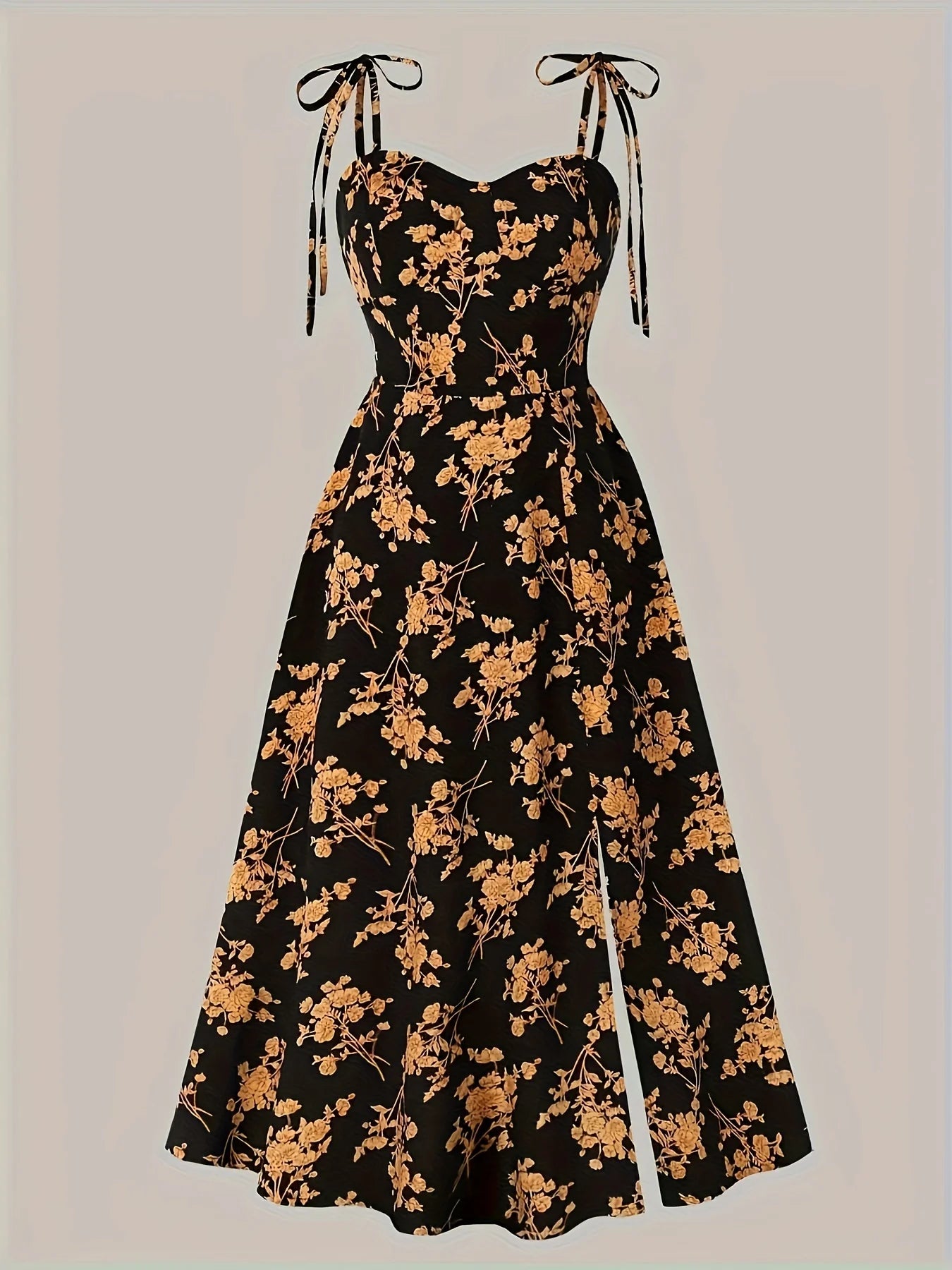 European and American Fashion Flower Print A-Line Dress with Shoulder Ties and Slit - The Eggy's store