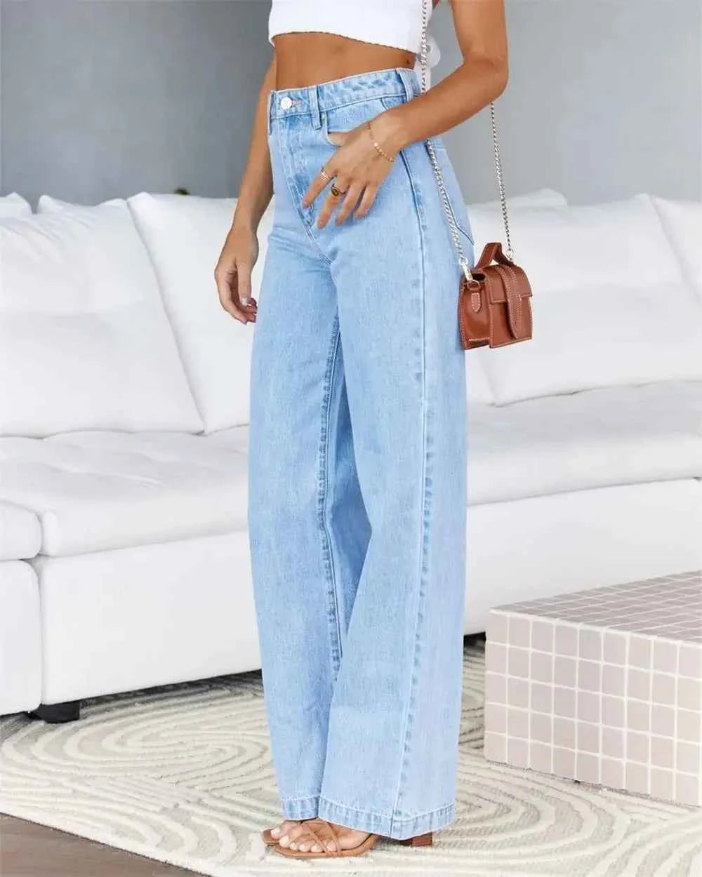 Women Jeans Straight Pants Denim Washing High Waist Loose Fit Pockets Button Basics Wide Leg Trousers Solid Color 2024 Casual