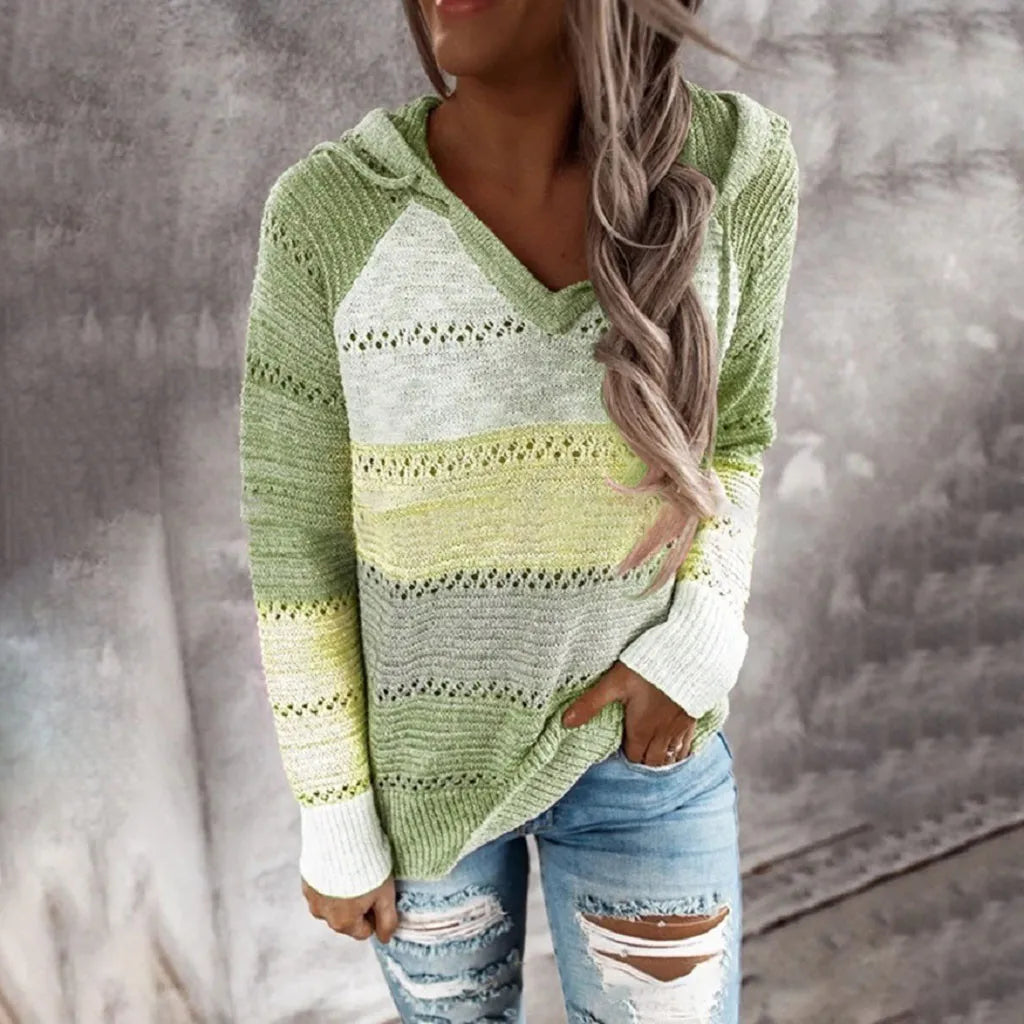 Plus Size 5XL Autumn Winter Women's Pullover Fashion Patchwork Long Sleeve Knit Sweater Tops Women Crochet Hollow Hooded Sweater - The Eggy's store