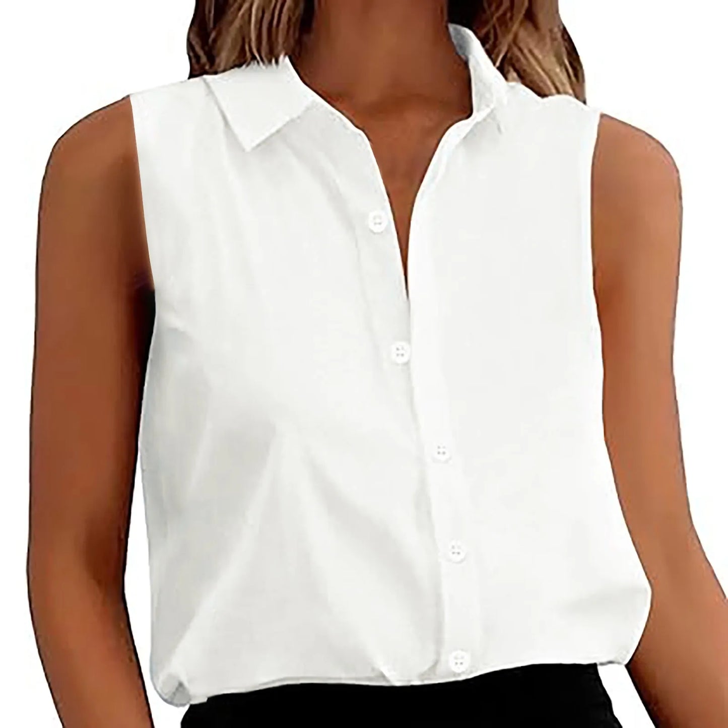Women's Sleeveless Blouse Button Down Solid Color Casual Loose V Neck Chiffon Top for Work - The Eggy's store