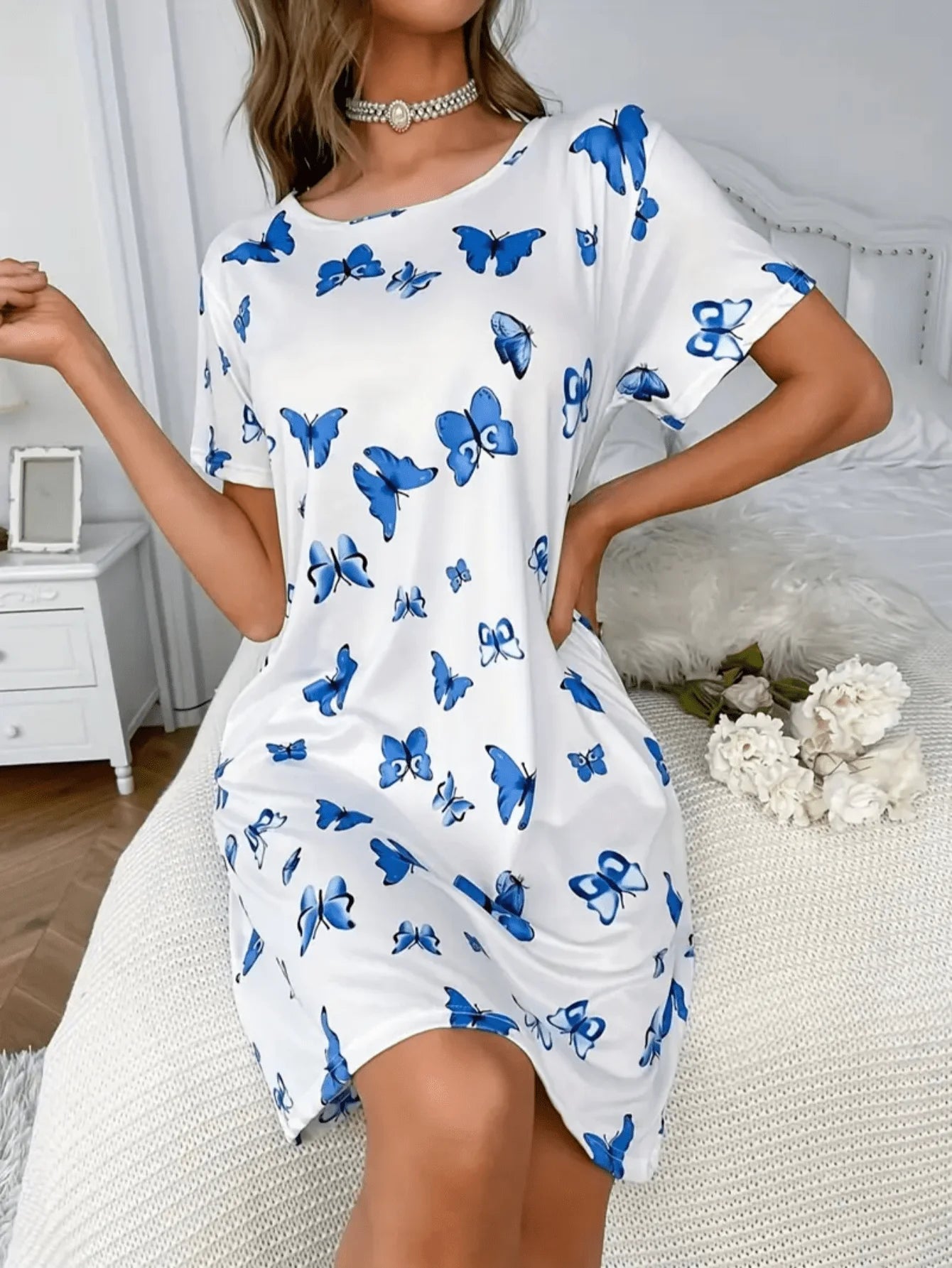 Soft and Casual Butterfly Print Sleepwear Nightgown, Short-Sleeved Loose Women's Loungewear - The Eggy's store