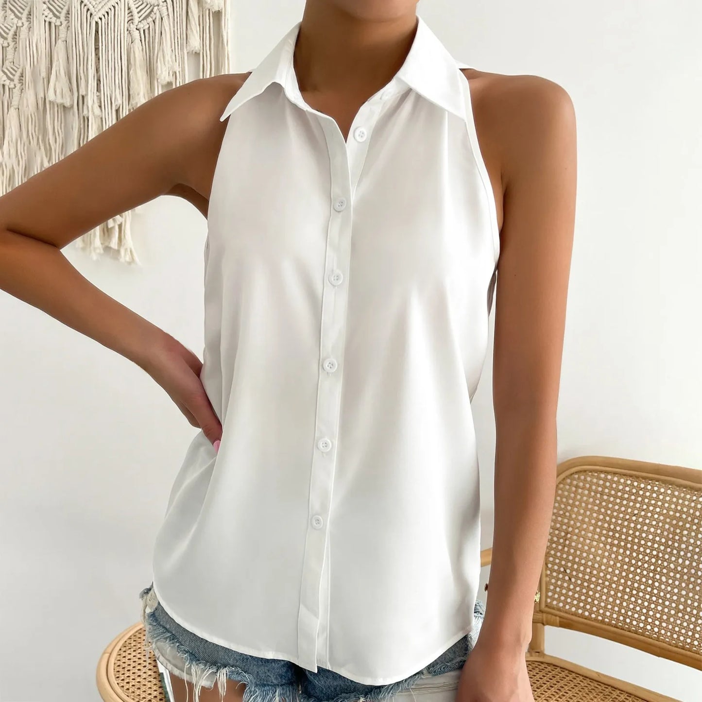 Women's Sleeveless Blouse Button Down Solid Color Casual Loose V Neck Chiffon Top for Work - The Eggy's store