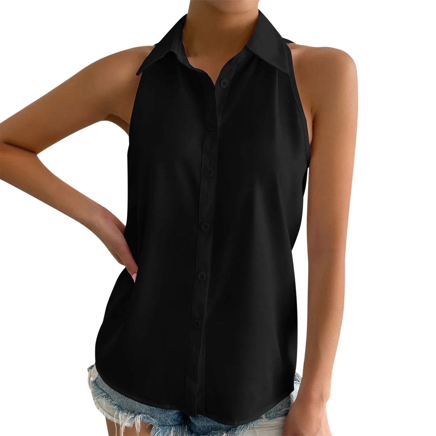 Women's Sleeveless Blouse Button Down Solid Color Casual Loose V Neck Chiffon Top for Work - The Eggy's store