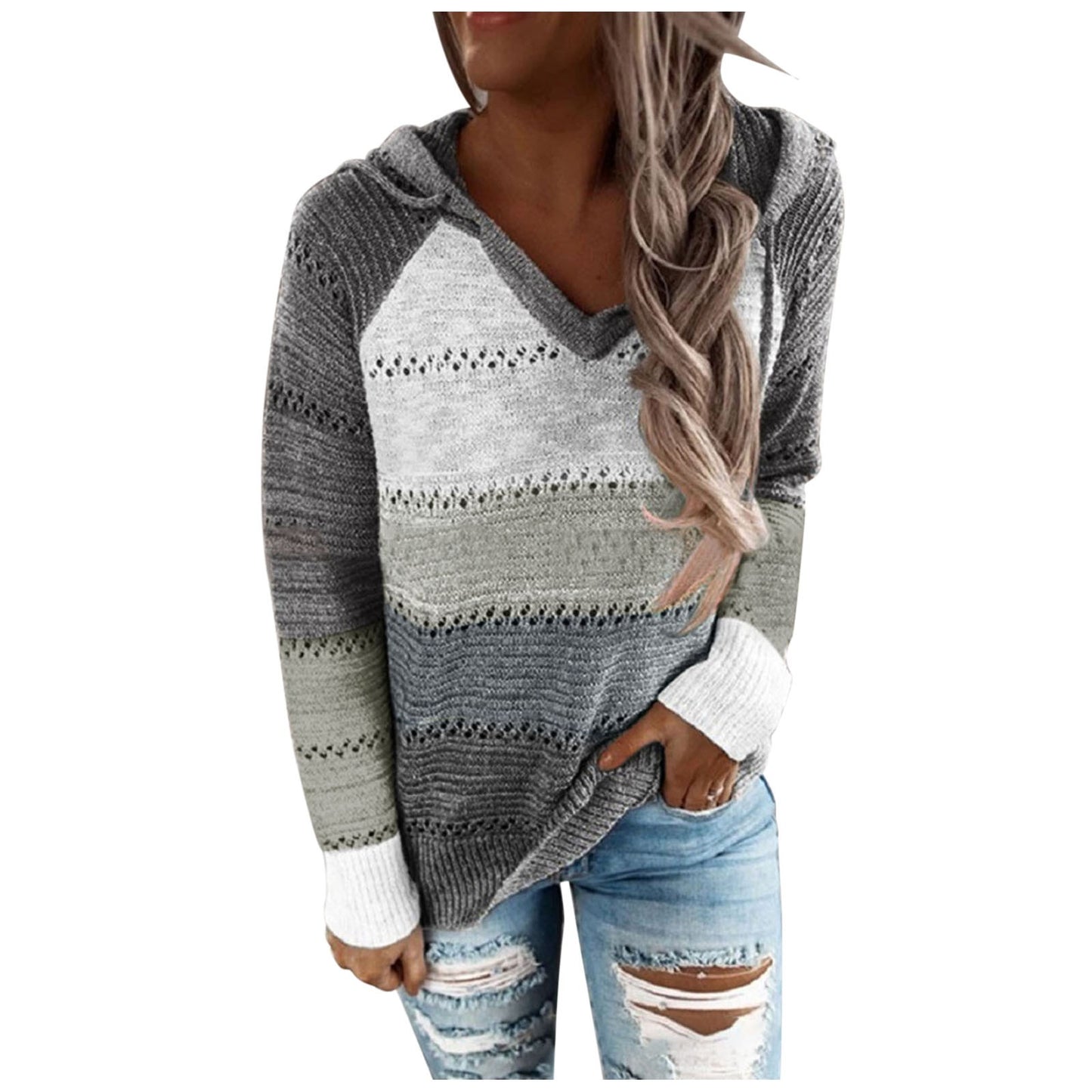 Plus Size 5XL Autumn Winter Women's Pullover Fashion Patchwork Long Sleeve Knit Sweater Tops Women Crochet Hollow Hooded Sweater - The Eggy's store