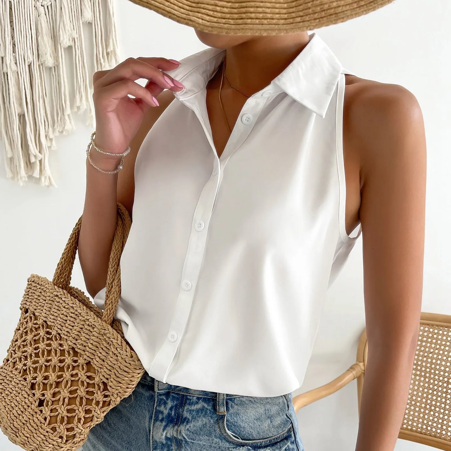 Women's Sleeveless Blouse Button Down Solid Color Casual Loose V Neck Chiffon Top for Work - The Eggy's store