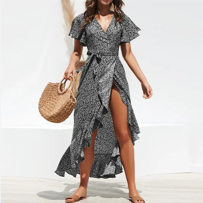Summer Beach Maxi Dress Women Floral Print Boho Long Chiffon Ruffles Wrap Casual V-Neck Split Sexy Party Robe Femme - The Eggy's store