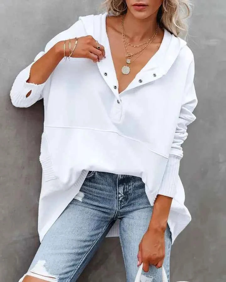 Casual Loose White Women Sweatshirt V-neck Hooded Batwing Sleeve Hoodie Top For Women Pullovers