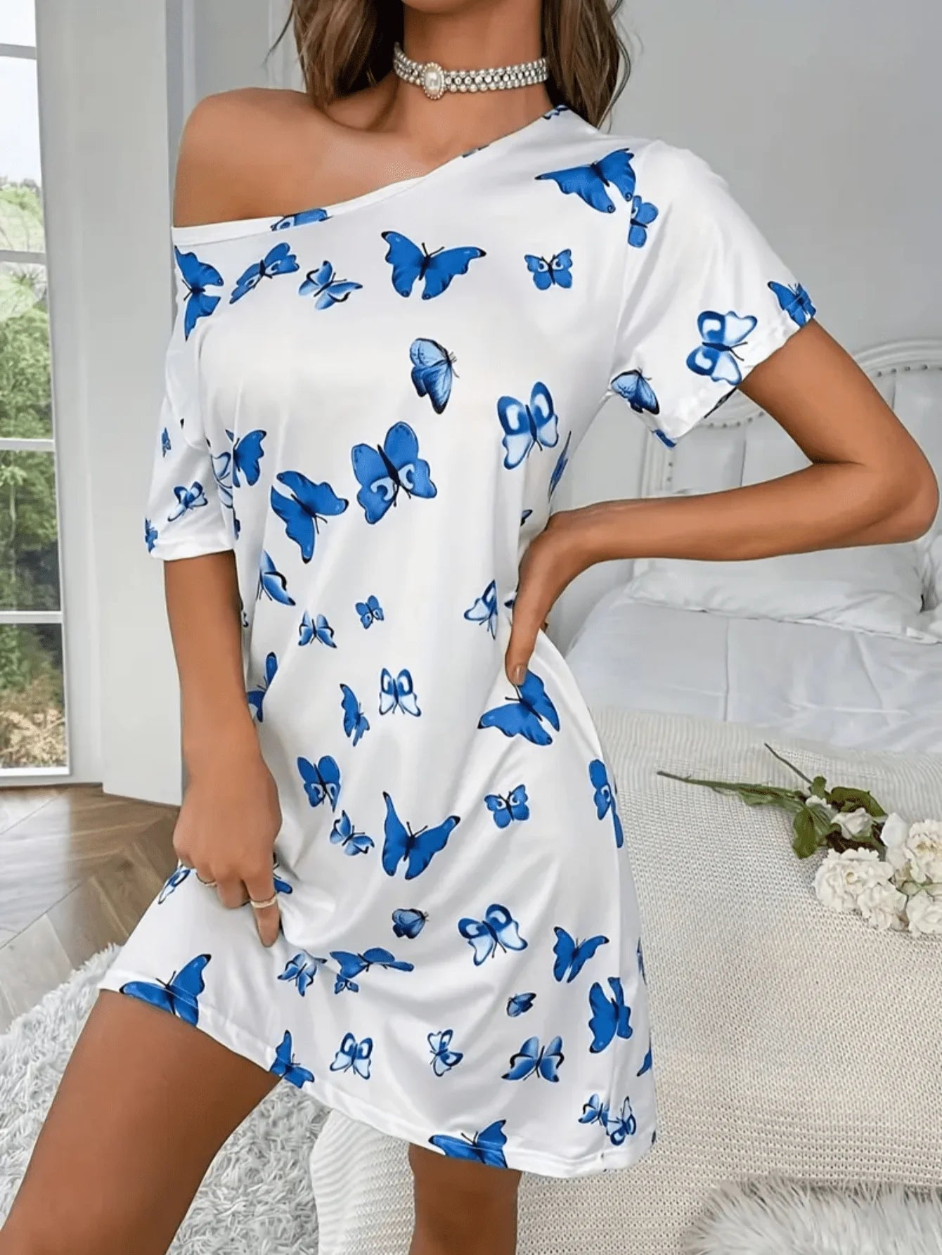Soft and Casual Butterfly Print Sleepwear Nightgown, Short-Sleeved Loose Women's Loungewear - The Eggy's store