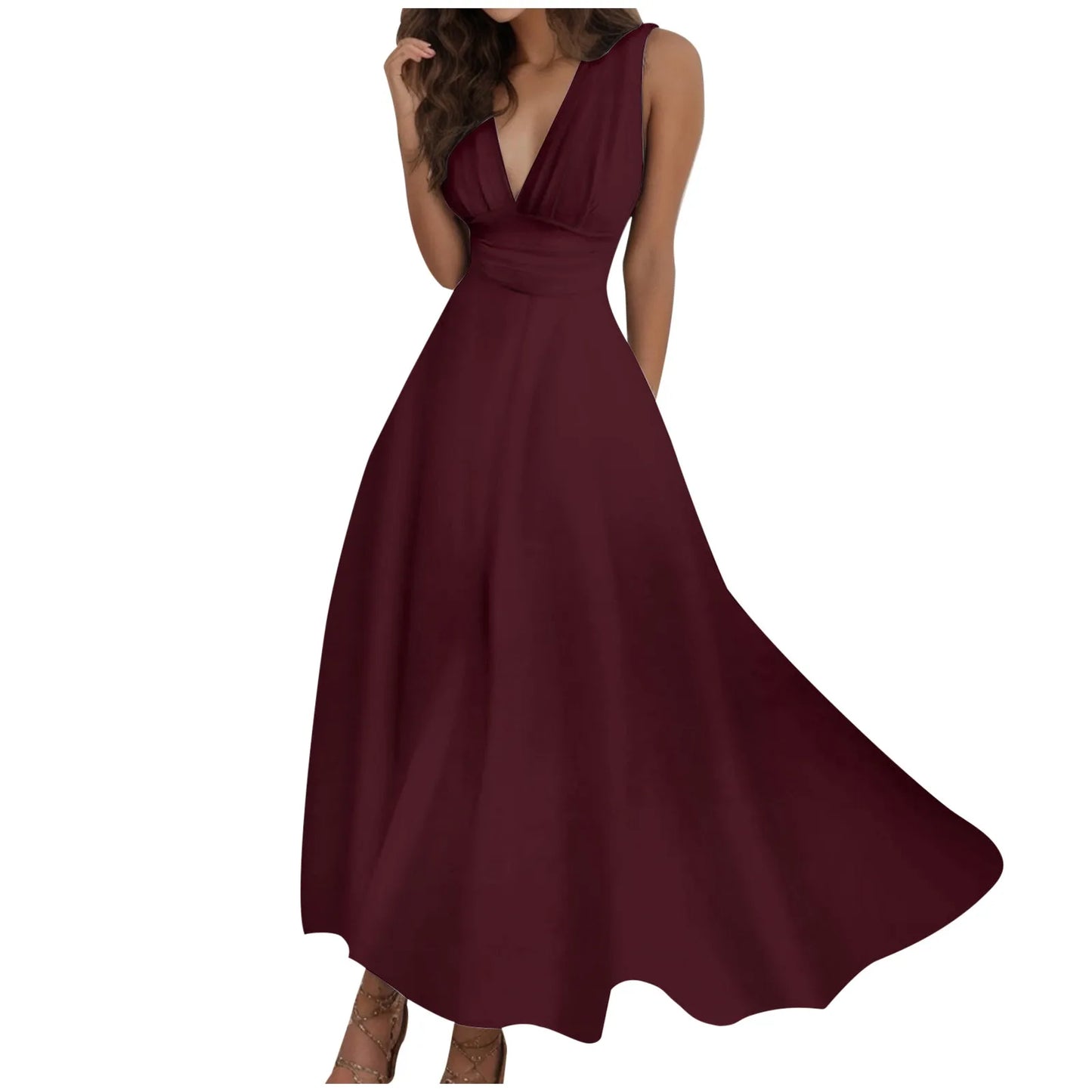 Women's Casual Sundress Solid Color Sleeveless V Neck Side Zipper Long Dress Elegant Sundress - The Eggy's store